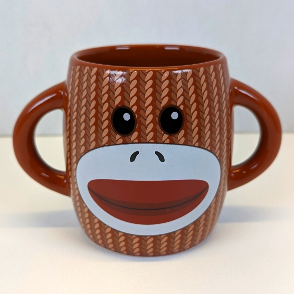 Sock Monkey Double Handle Coffee/Beverage Cup Mug Ceramic 16oz. - Brown